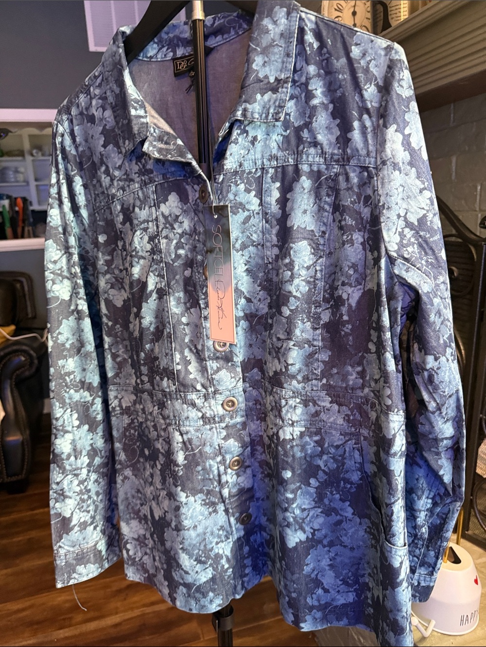 DG2 by Diane Gilman Blue Floral Print Jean Jacket